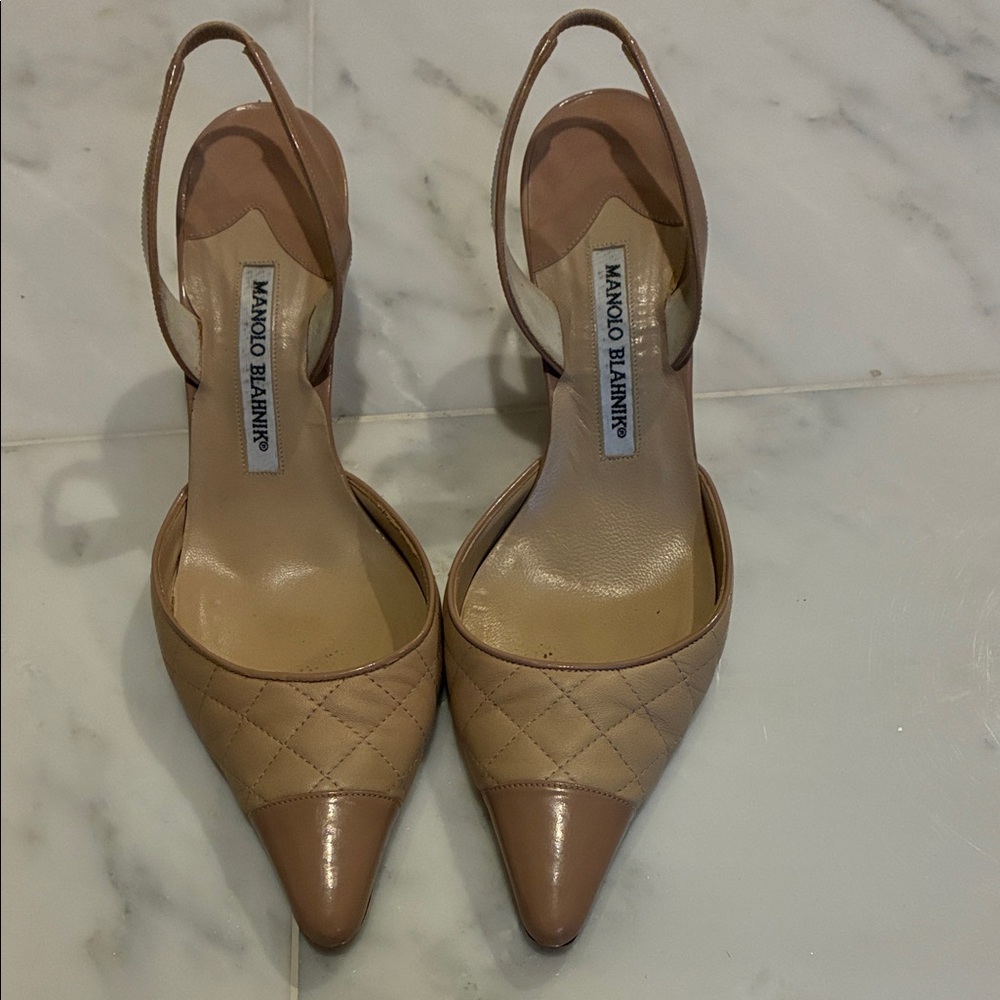 Manolo Blahnik Nude Quilted Slingback Heels